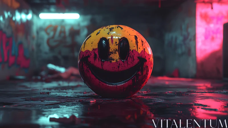 Grinning graffiti sphere gleams in neon soaked underpass gloom.