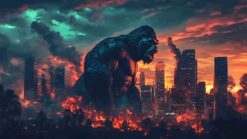 Colossal gorilla storms a neon dusk city in fiery chaos.