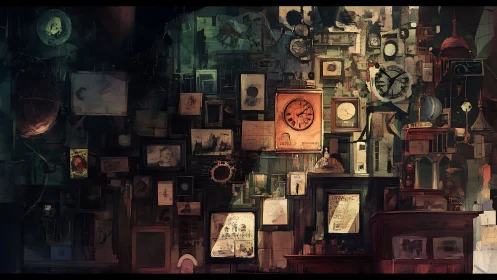 Chronological wall of clocks, sketches and mechanical relics