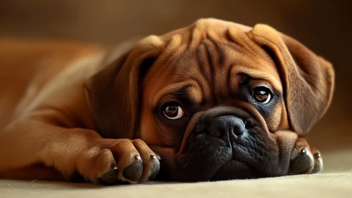 Close-up of brown puppy lying on soft indoor surface.