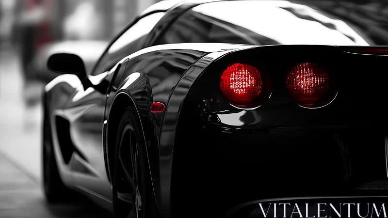 Rear perspective of glossy black sports car at dusk.