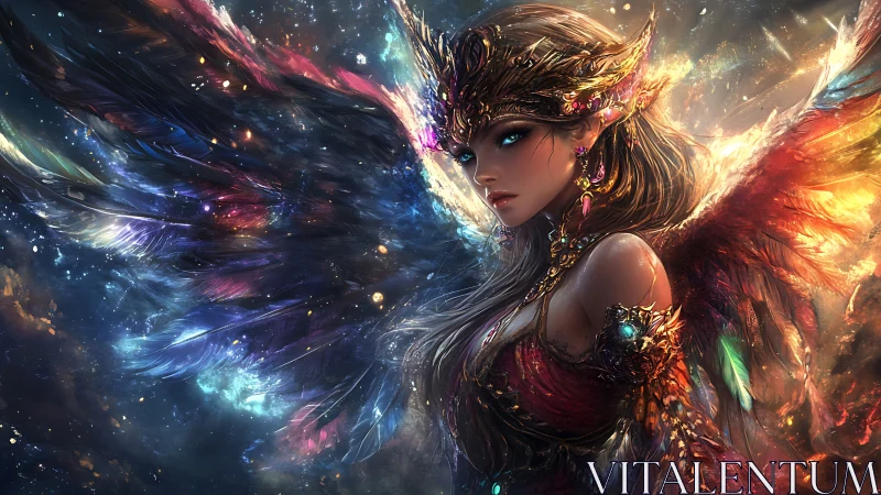 Radiant winged guardian glows in shimmering cosmic light