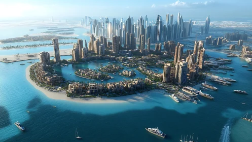 Coastal artificial island city with dense waterfront skyline.