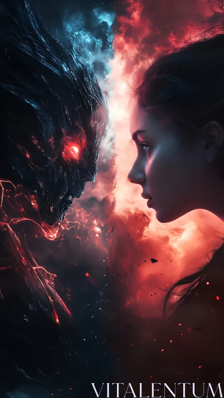 Human girl confronts fiery demonic entity in glowing void.