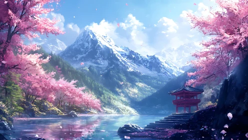 Mountain lake landscape with cherry blossoms and pavilion.