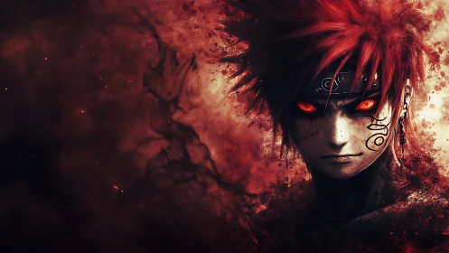 Red eyed anime warrior stares forward through swirling embers