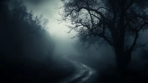 Foggy rural road curving through dark leafless woodland.