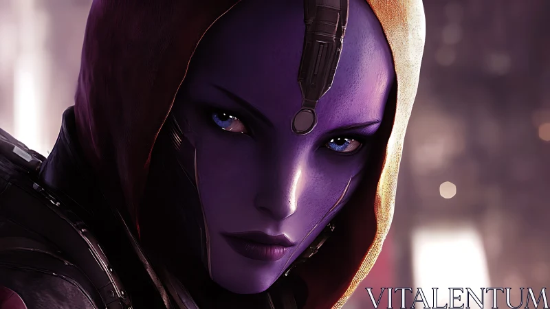 Starlit gaze of a mysterious purple wanderer in armor.