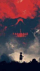 Silhouetted child beneath large red skull-shaped cloud form.