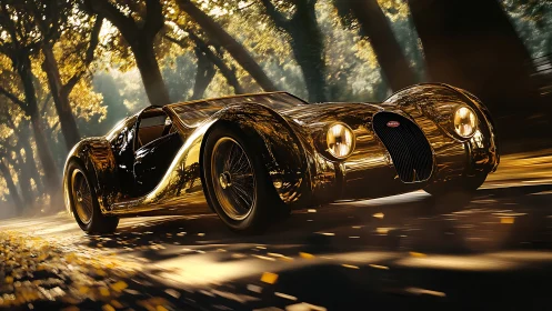 Streamlined gold coupe on forest road in directional light.