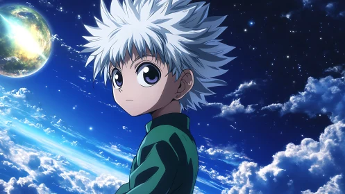 Starry sky companion with curious silver haired anime boy.