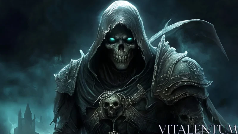 Grinning death knight strolls calmly through frozen midnight mist