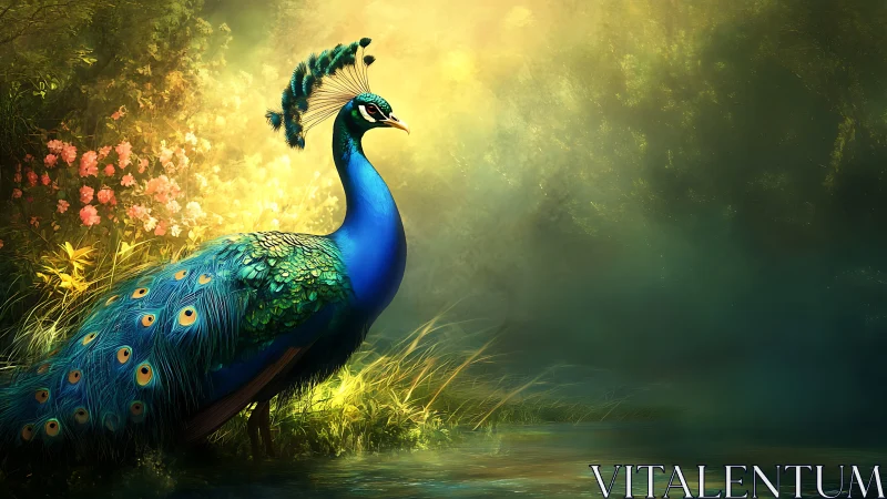 Peacock stands beside reflective pond in luminous forest