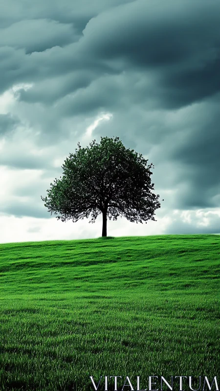 Solitary tree crowns vivid green hill beneath storm sky.
