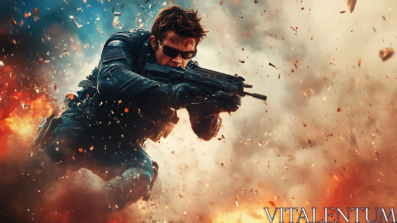 Tactical operator dives through midair blast with rifle ready