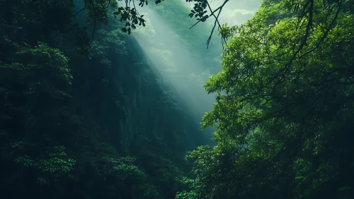 Deep Forest Canyon with Filtered Sunlight
