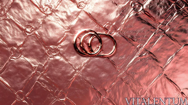 Rose gold wedding rings on quilted metallic background, modern style.