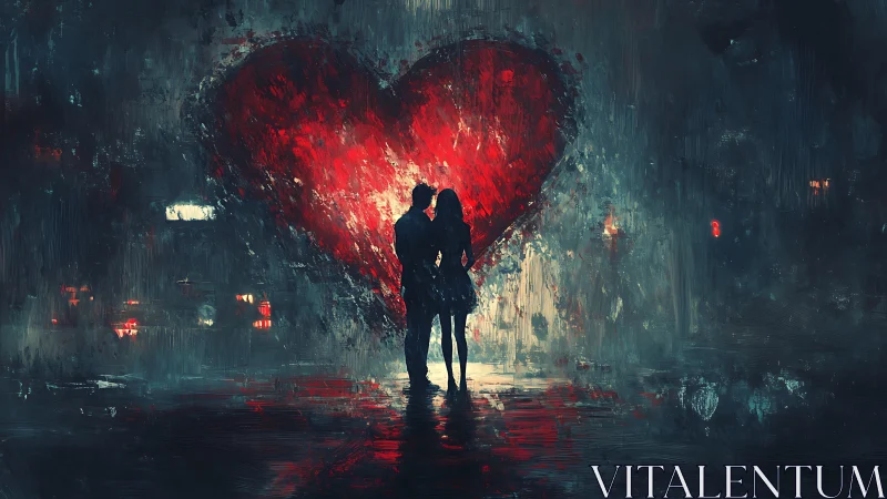 Silhouetted Couple Beneath Luminous Heart Glow: Urban Nocturne.