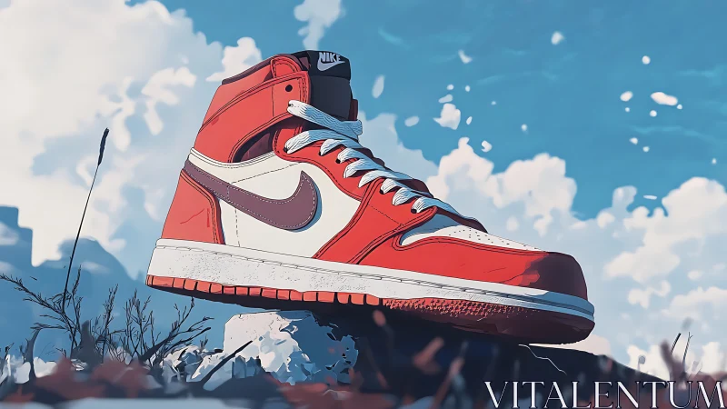 Red high-top sneaker dominates stylized outdoor sky scene.