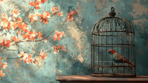 Caged songbird beside painted blossoms in quiet teal glow.