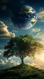 Solitary hilltop tree beneath a luminous suspended Earth.