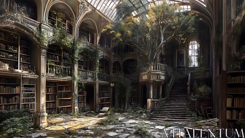 Overgrown library hall with central tree and broken roof.