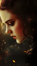 Fiery profile portrait captures solemn female resolve in ember glow.