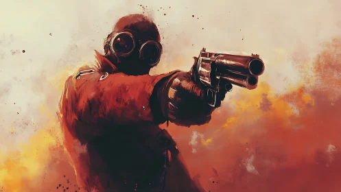 Masked gunman in red coat amidst diffuse orange haze.