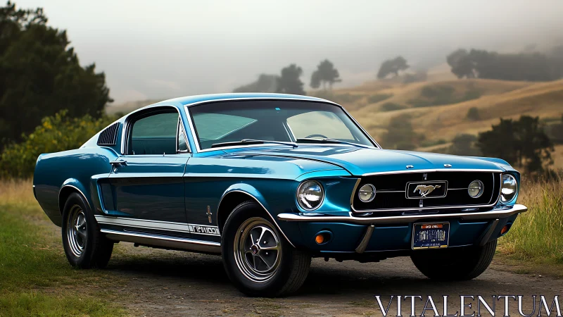 Photorealistic classic Mustang in misty rural landscape composition.
