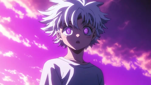 Starlit white-haired boy under blazing violet dream sky.