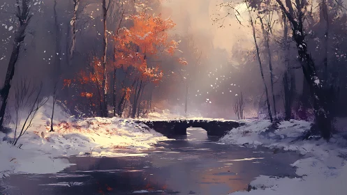 Silent stone bridge spans a misty winter forest stream