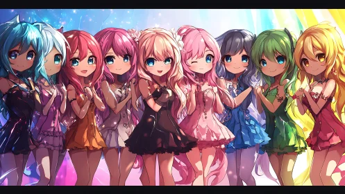 Rainbow idol lineup showcases vivid anime character spectrum.