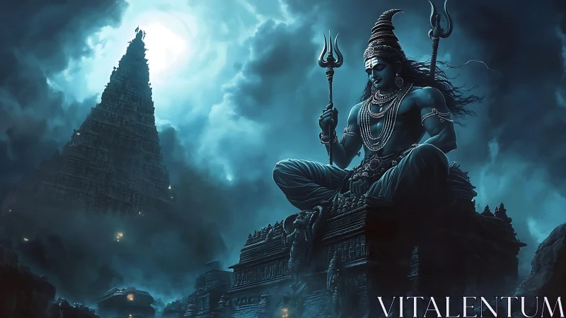 Divine blue Shiva overlooks a storm-lit ancient temple city