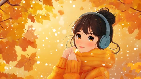 Autumn girl with headphones amid glowing maple leaves.
