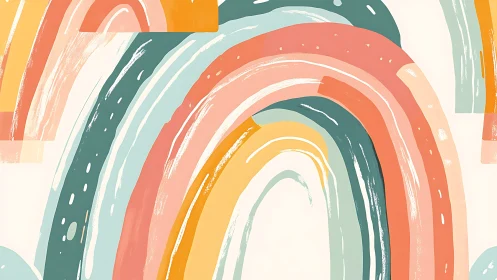 Gentle overlapping rainbows curve in soft, playful color arcs