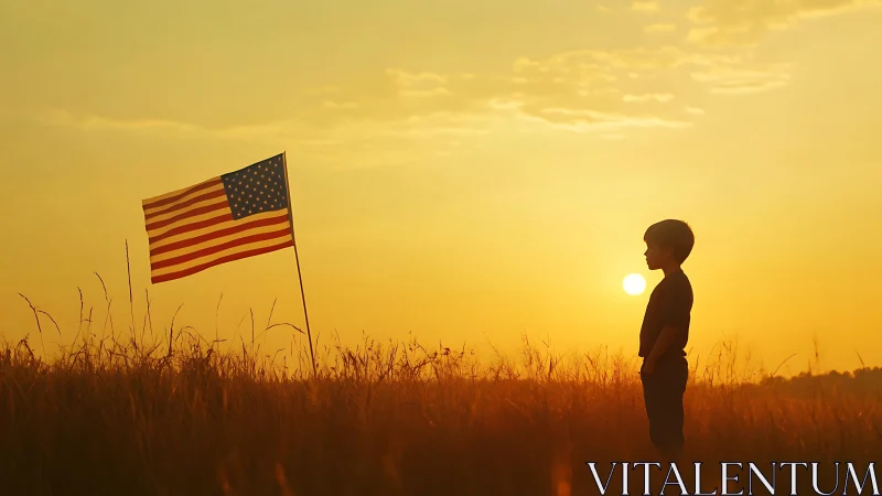 Boy in field facing American flag at warm sunset sky.