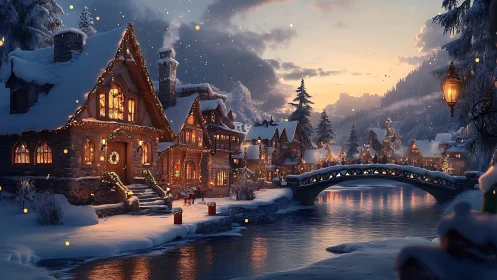 Snowy riverside village glows with warm winter lights at dusk