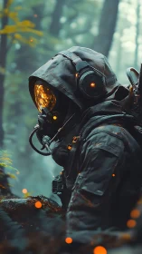 Hooded explorer in glowing respirator within misty forest.
