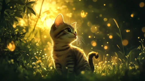 Tabby kitten positioned among luminescent foliage with bokeh lighting effects.