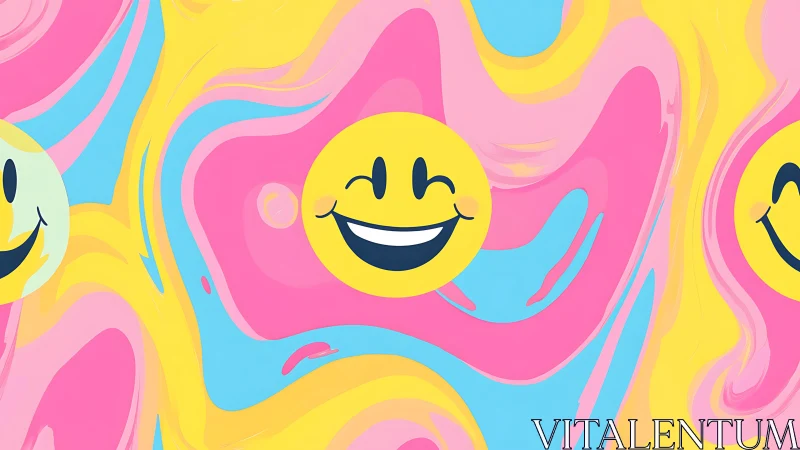 Pop art smiley pattern on neon fluid abstract backdrop.