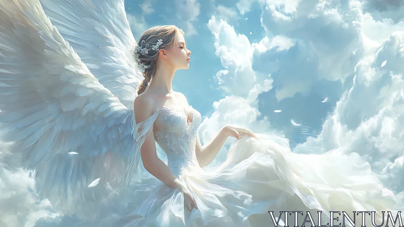 Sky-borne bridal seraph drifting through feathered light.