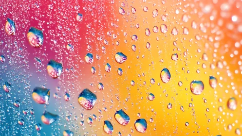 Water droplets scatter across vivid gradient glass surface