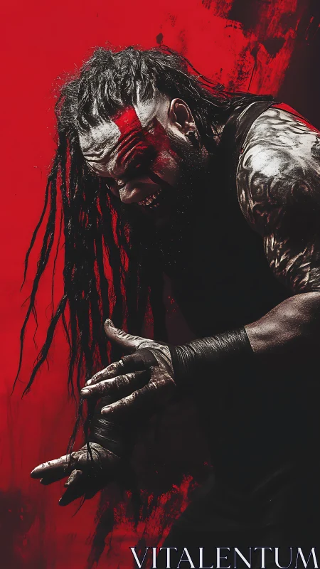 Portrait shows dreadlocked man with body paint on red backdrop