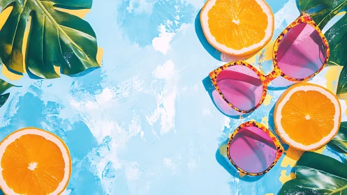 Sunglasses with citrus slices on painted blue background.