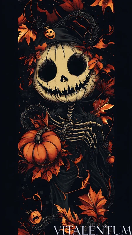 Pumpkin-headed skeleton embraces fiery autumn leaves.