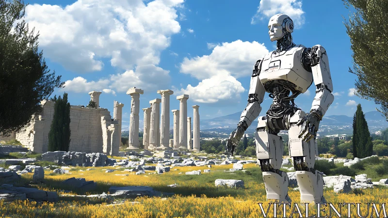 Humanoid inspection robot in sunlit classical temple ruins