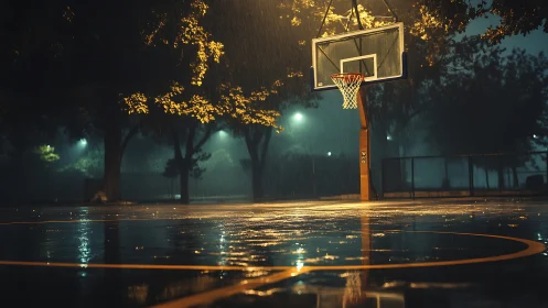 Wet outdoor basketball court under sodium vapor street lighting