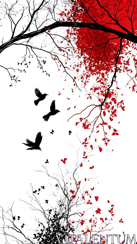 Black birds cross stark branches under bleeding red sun.