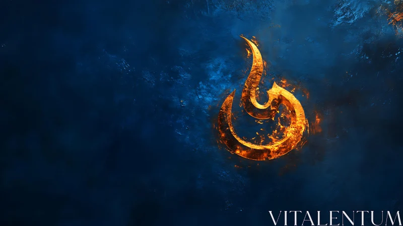 Fiery abstract flame symbol on textured blue background, digital art.