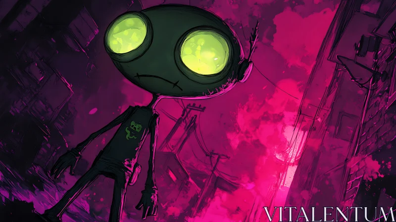 Alien figure in neon alley under intense magenta sky.